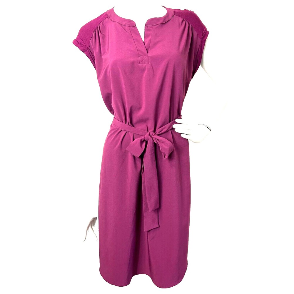 Gibson Purple Business Casual Split V Neck Belted Classic Shift Dress Small EUC